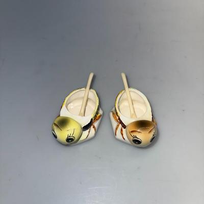 Vintage Bumble Bee Honey Pots Set of 2 with Lids & Spoons Hand Painted in Japan
