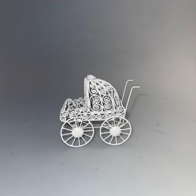 Vintage Miniature Porcelain Doll White Wire Stroller