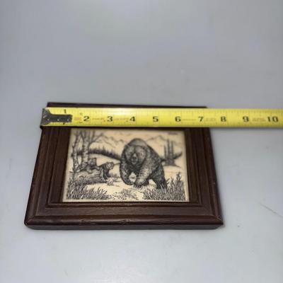Vintage Framed Grizzly Bear Etching on Tile Art Circa