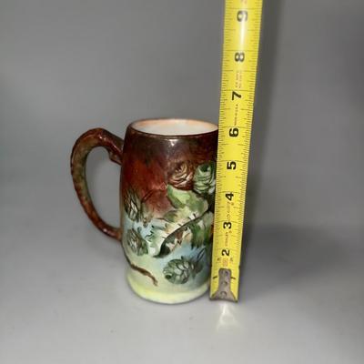 "Handled Tankard" Dragon Handle Green and brown mug with flowers by Jean Pouyat Limoges