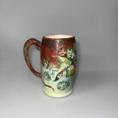 "Handled Tankard" Dragon Handle Green and brown mug with flowers by Jean Pouyat Limoges