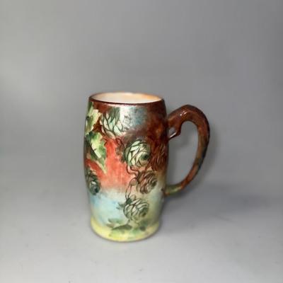 "Handled Tankard" Dragon Handle Green and brown mug with flowers by Jean Pouyat Limoges