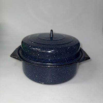 Vintage Graniteware Enamel Navy Blue White Speckle, USA