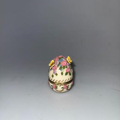 Limoges Style Egg Butterfly & Floral Handpainted Porcelain Trinket Box
