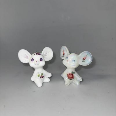 Vintage Fenton Violets In The Snow Mouse Figurine and Rose Mouse Figurine