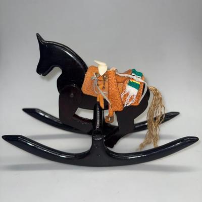 Handmade Wood Black Horse That Rocks “Clip/Clop” with Saddle
