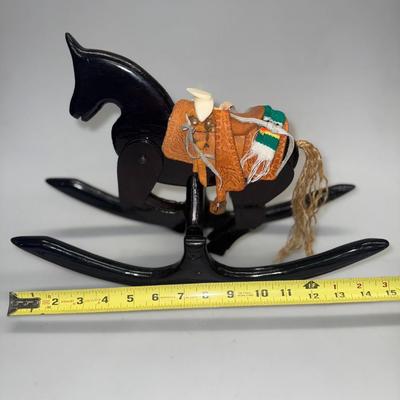 Handmade Wood Black Horse That Rocks “Clip/Clop” with Saddle