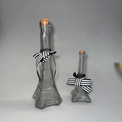 Two Glass Eiffel Tower Bottles with Cork Stopper