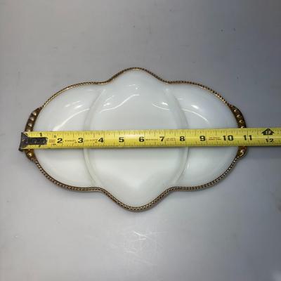Vintage Fire King Ovenware Milk Glass Divided Serving Dish Gold Trim USA Anchor