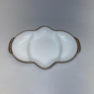 Vintage Fire King Ovenware Milk Glass Divided Serving Dish Gold Trim USA Anchor