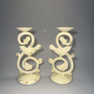 2 RUSS BERRIE CAST IRON SHABBY CHIC TEA LIGHT / BALL CANDLEHOLDER W/BIRD Vintage