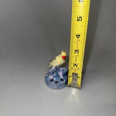 Vintage Lusterware SMALL YELLOW BIRD Porcelain Flower Frog Made in Japan, 6 Hole
