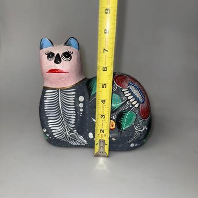 Large Mexican Talavera Multicolor Cat Figurine Hand Painted Folk Art