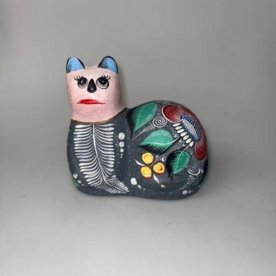 Large Mexican Talavera Multicolor Cat Figurine Hand Painted Folk Art
