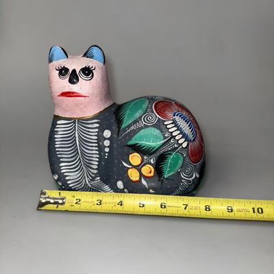 Large Mexican Talavera Multicolor Cat Figurine Hand Painted Folk Art