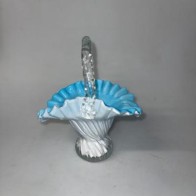 Vintage Fenton White & Blue Glass Basket Centerpiece Ruffle Handkerchief Rim