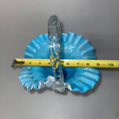 Vintage Fenton White & Blue Glass Basket Centerpiece Ruffle Handkerchief Rim