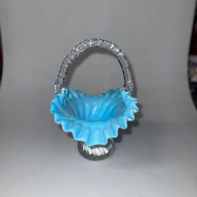Vintage Fenton White & Blue Glass Basket Centerpiece Ruffle Handkerchief Rim