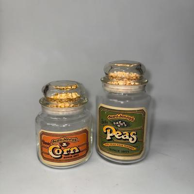 Aunt Jenny's Peas and Corn Canister Jar USA Clear Glass 7" Vintage 80's