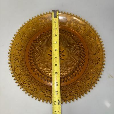 Vtg Indiana Tiara Amber Glass Sandwich Starburst Divided Serving Dish Plate 12”