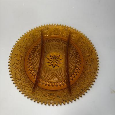 Vtg Indiana Tiara Amber Glass Sandwich Starburst Divided Serving Dish Plate 12”