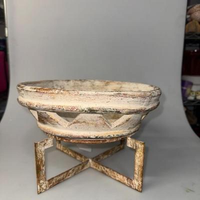 Large Pottery Bowl with Metal Stand
