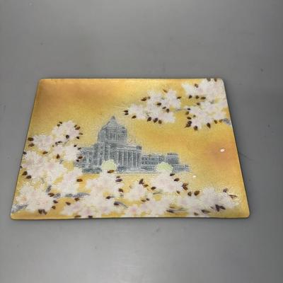 Japanese inspired plate. Yellow with white flowers