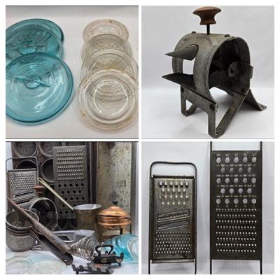 LOT 36: Vintage Kitchen Gadgets Including Hand Held Ice Crusher, Potato Masher, Cheese Graters, Can Opener, and More