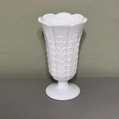 LOT 41: Vintage Uranium Glass Juicer, EO Brody Wheat Design Milk Glass Vase, Westmoreland Grape Design Milk Glass Gravy Boat