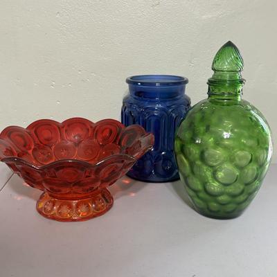 LOT 43: Look at Those Colors! Vintage Amberina Glass Scalloped Edge Pedestal Candy Dish/Bowl, Green Glass Raised Bubble Vase Bottle/Vase,...
