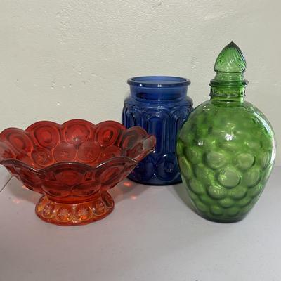 LOT 43: Look at Those Colors! Vintage Amberina Glass Scalloped Edge Pedestal Candy Dish/Bowl, Green Glass Raised Bubble Vase Bottle/Vase,...