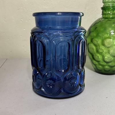 LOT 43: Look at Those Colors! Vintage Amberina Glass Scalloped Edge Pedestal Candy Dish/Bowl, Green Glass Raised Bubble Vase Bottle/Vase,...
