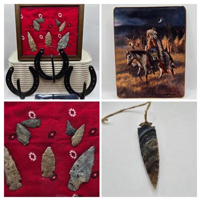 LOT 47: Framed Arrowheads, Horseshoe Coat Rack. Franklin Mint Moonlight Watch Numbered Plate, and Large Arrowhead