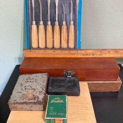 LOT 56: Vintage Wood Tools - Fulton Button Die Screw Plate, Woodtck Set, Tap, Craftsman and More