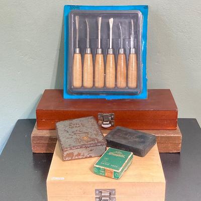 LOT 56: Vintage Wood Tools - Fulton Button Die Screw Plate, Woodtck Set, Tap, Craftsman and More