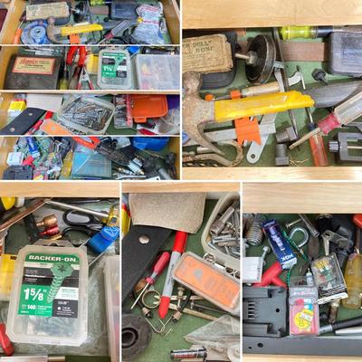 LOT 57: Contents of Four Storage Drawers - Tools, Hardware and More