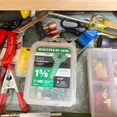 LOT 57: Contents of Four Storage Drawers - Tools, Hardware and More