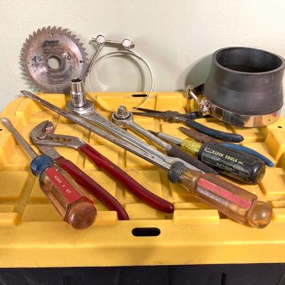 LOT 59: Assorted Tools - Hyper Tough Drill, Dremel Rotary Tool, Tough Box Storage Tote, Ryobi Reciprocating Saw, Hand Tools and More