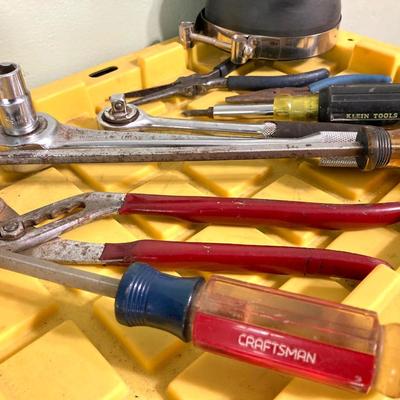 LOT 59: Assorted Tools - Hyper Tough Drill, Dremel Rotary Tool, Tough Box Storage Tote, Ryobi Reciprocating Saw, Hand Tools and More