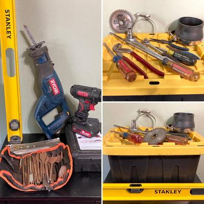 LOT 59: Assorted Tools - Hyper Tough Drill, Dremel Rotary Tool, Tough Box Storage Tote, Ryobi Reciprocating Saw, Hand Tools and More