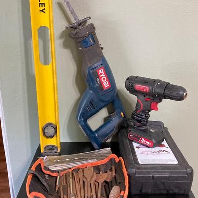 LOT 59: Assorted Tools - Hyper Tough Drill, Dremel Rotary Tool, Tough Box Storage Tote, Ryobi Reciprocating Saw, Hand Tools and More