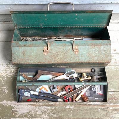 LOT 60: Vintage Metal Toolbox and Contents (Copper Tubing and Brass Included)