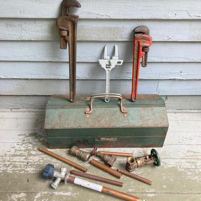 LOT 60: Vintage Metal Toolbox and Contents (Copper Tubing and Brass Included)