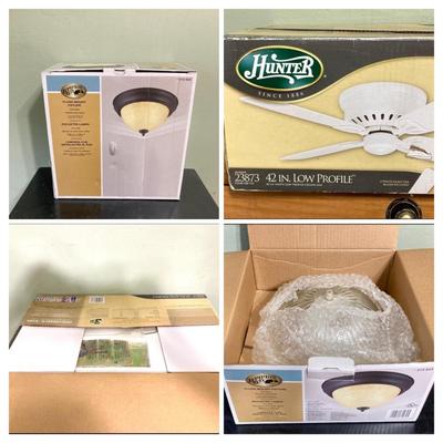 LOT 61: Hunter 42 Inch Low Profile Ceiling Fan in Box and Hampton Bay Flush Mount Fixture in Box