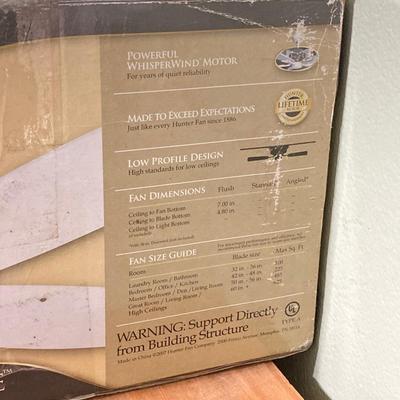LOT 61: Hunter 42 Inch Low Profile Ceiling Fan in Box and Hampton Bay Flush Mount Fixture in Box