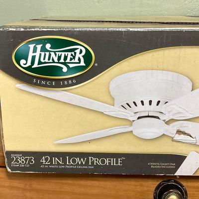 LOT 61: Hunter 42 Inch Low Profile Ceiling Fan in Box and Hampton Bay Flush Mount Fixture in Box