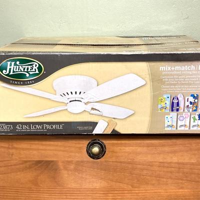 LOT 61: Hunter 42 Inch Low Profile Ceiling Fan in Box and Hampton Bay Flush Mount Fixture in Box