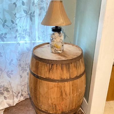LOT 68: Wooden Barrel and Decorative Seashell Lamp