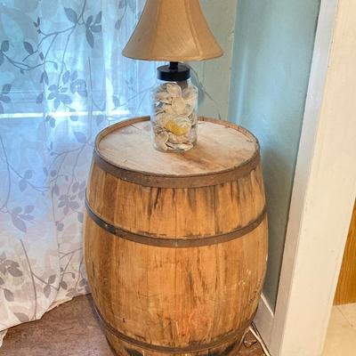 LOT 68: Wooden Barrel and Decorative Seashell Lamp