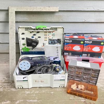LOT 71: Festool Rotex RO 90 DX FEQ-Plus Sanding Tool in Case, Tools, Storage Boxes with Hardware and Pair of Halo Lights